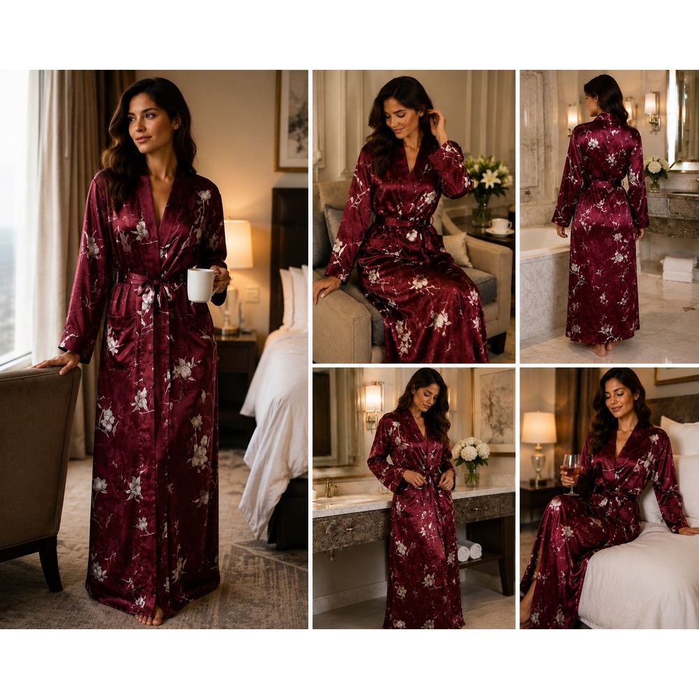 Halston Burgundy Satin Floral Long Robe L/XL Luxury Spa Sleepwear Flaw on belt
